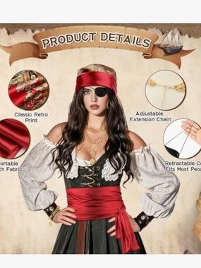 Red Satin Pirate Costume 6 piece set for Women or Men Classic Costume Accessory